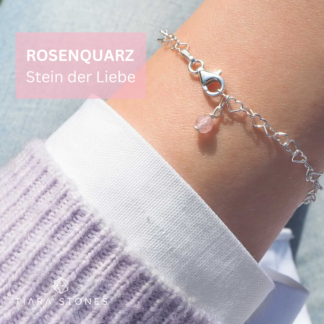 Herzarmband Silber mit Rosenquarz. Stein der Liebe. Rosenquarzschmuck Rosa Edelstein Heilstein fürs Herz- Tiara Stones Schmuck aus Salzburg