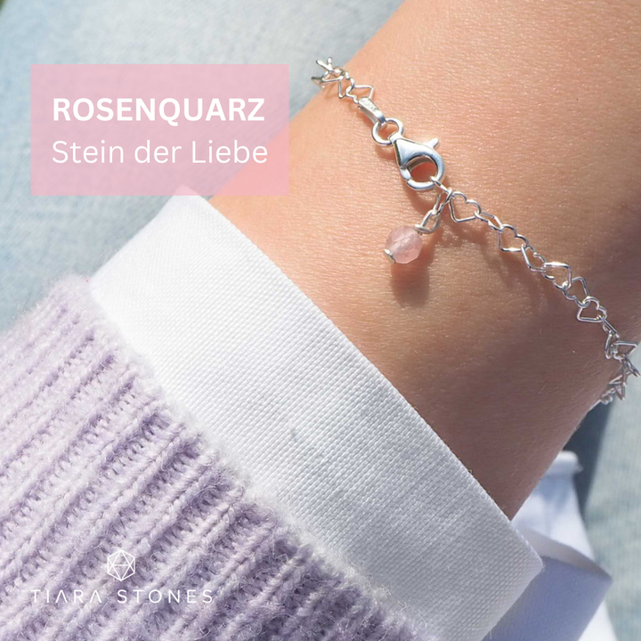 Herzarmband Silber mit Rosenquarz. Stein der Liebe. Rosenquarzschmuck Rosa Edelstein Heilstein fürs Herz- Tiara Stones Schmuck aus Salzburg