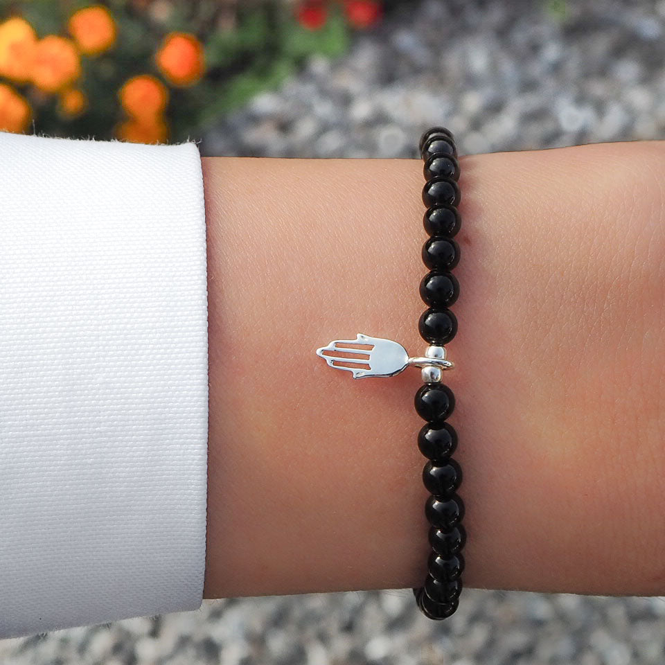 Fatimahand Schutztalisman - Armband Turmalin Schutzstein mit Fatima. Silberschmuck mit natürlichen Edelsteinen Schutzstein Schörl Edelsteinarmband Heilsteinarmband Turmalin Schutzarmband