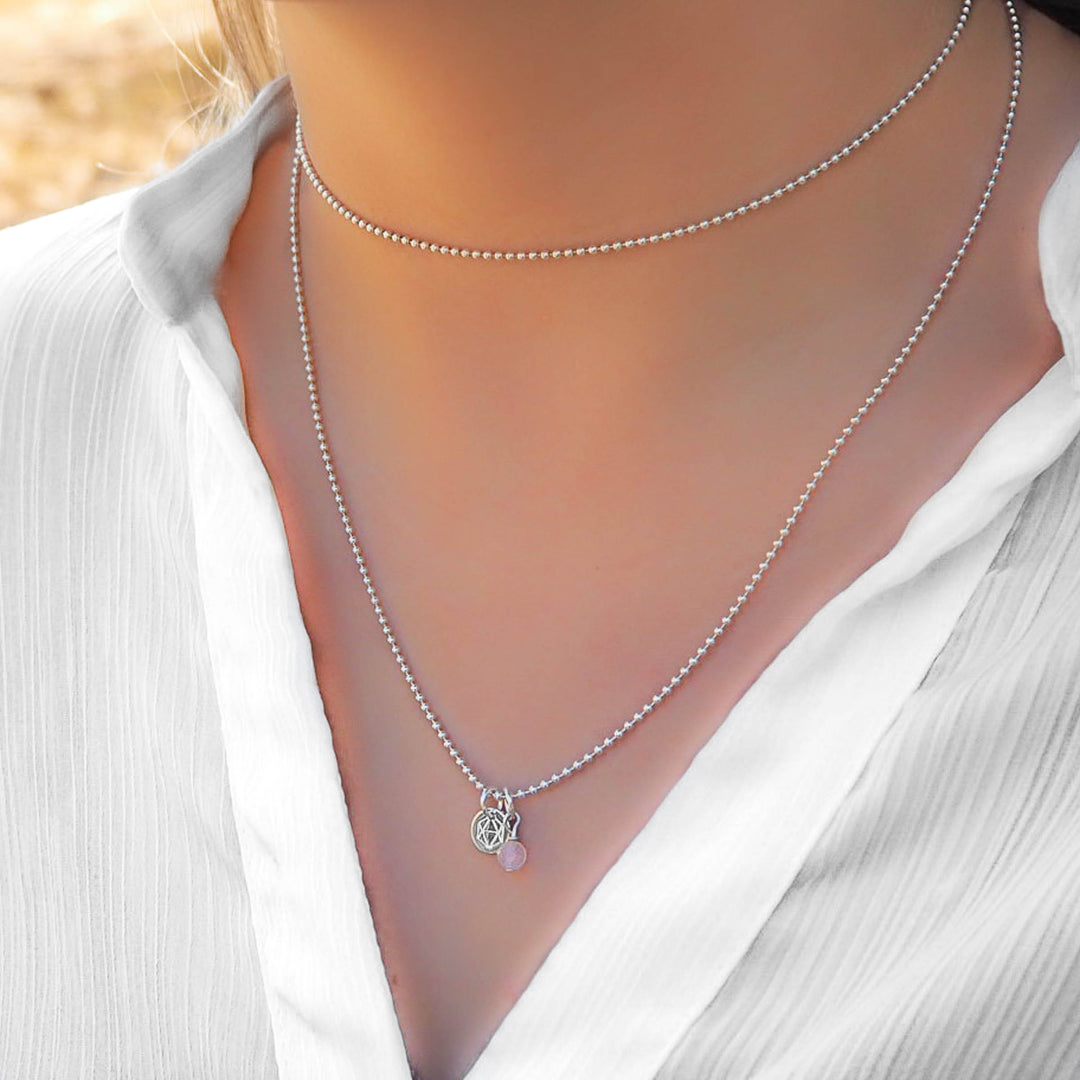 Layering kette Doppelte Kugelkette aus echtem Silber mit Rosenquarz Anhänger, handgemacht Rosenquarzkette choker mit Edelstein