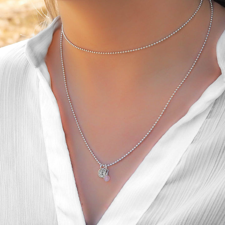 Layering kette Doppelte Kugelkette aus echtem Silber mit Rosenquarz Anhänger, handgemacht Rosenquarzkette choker mit Edelstein